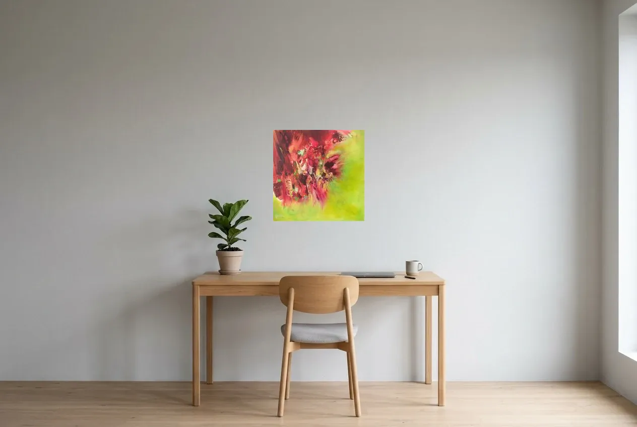Cuadro Abstracto Verde 97 “Espace-Temps”, pintura original al óleo de Régine Gardan, 50 × 50 cm, colgado en un despacho