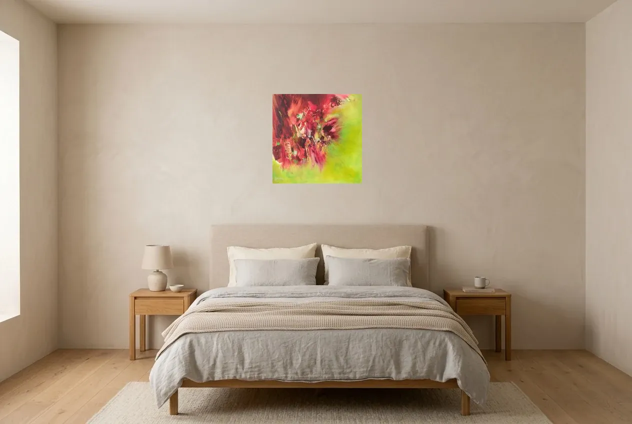 Cuadro Abstracto Verde 97 “Espace-Temps”, pintura original al óleo de Régine Gardan, 50 × 50 cm, colgado en un dormitorio