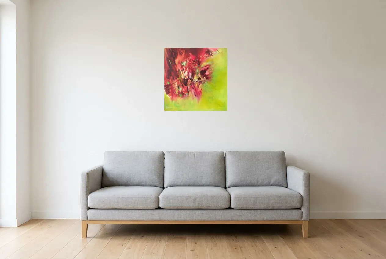 Cuadro Abstracto Verde 97 “Espace-Temps”, pintura original al óleo de Régine Gardan, 50 × 50 cm, colgado en un salón