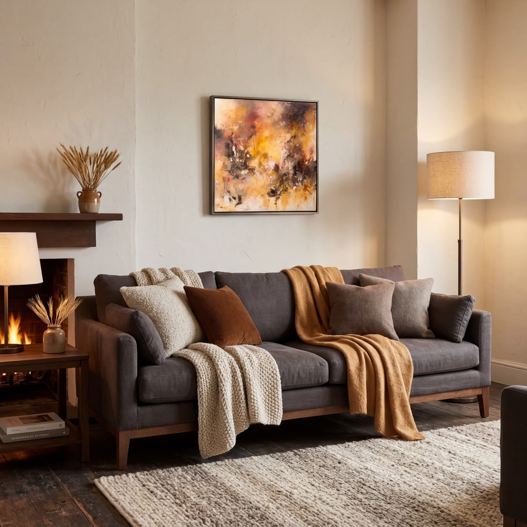 Yellow abstract painting Feu de Camp staged in a warm living room
