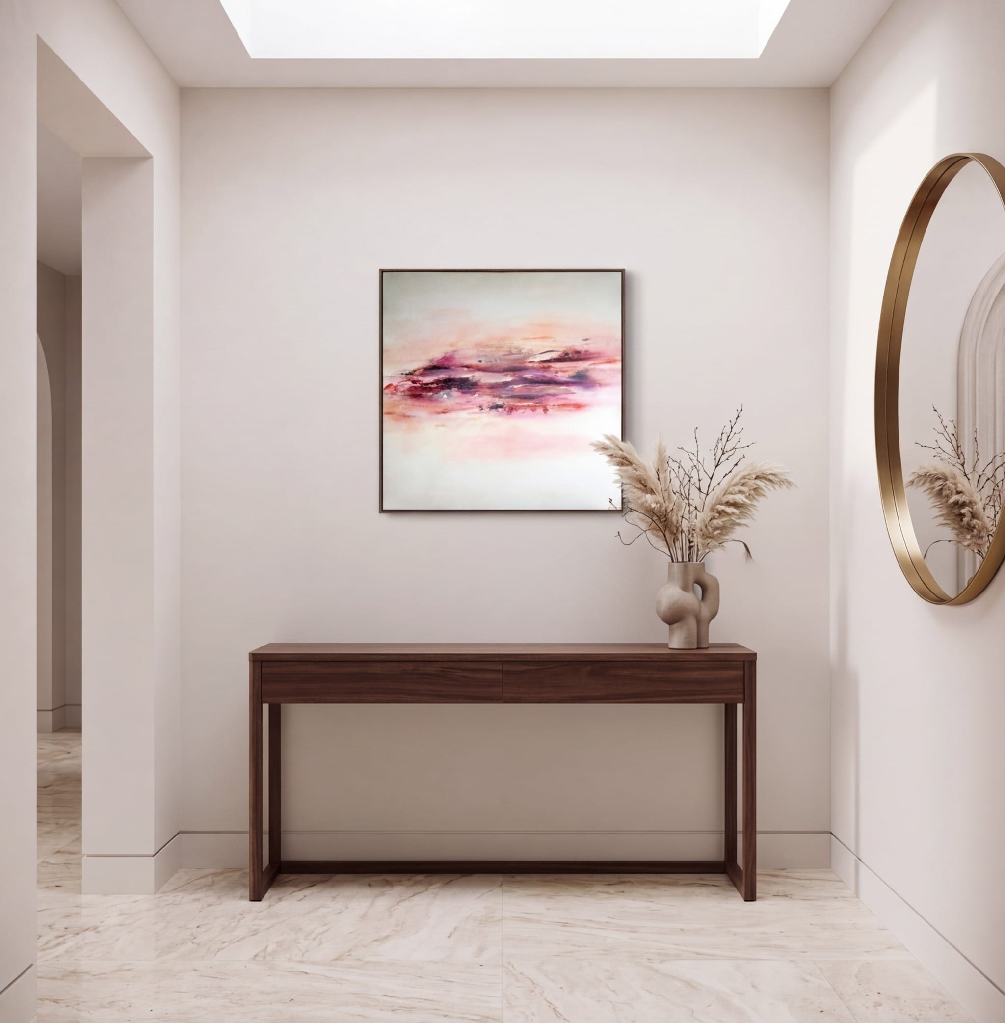 Pink abstract painting La Paix staged in a calming room