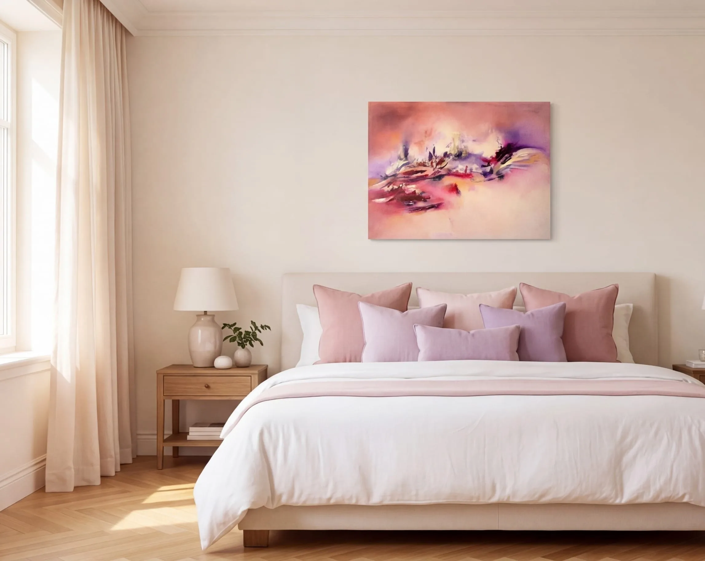 Abstraktes Bild in Rosa Magische Illusion in einem zeitgenössischen Interieur