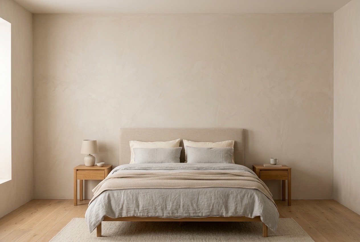 Tableau abstrait accroché au mur d'une chambre, à hauteur des yeux