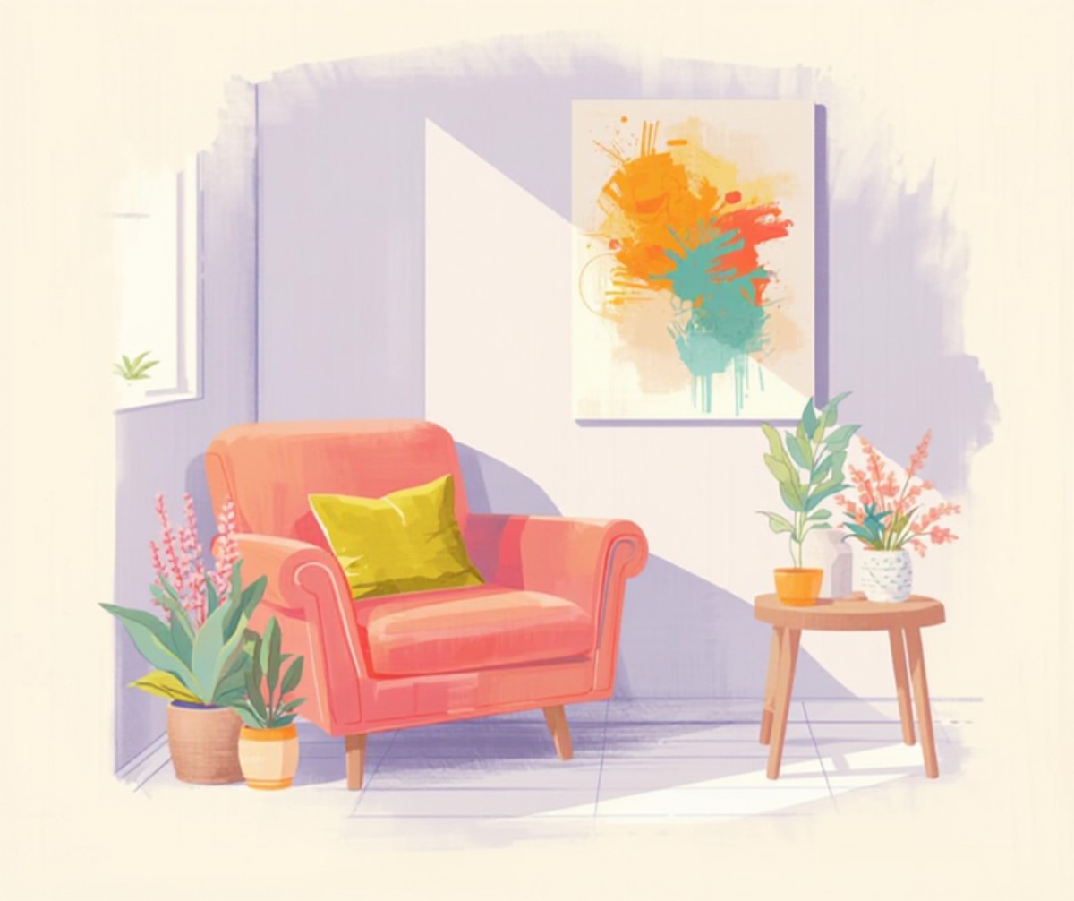 Illustration pastel d un salon colore avec des touches de jaune, rose et vert, representant la tendance Dopamine Decor