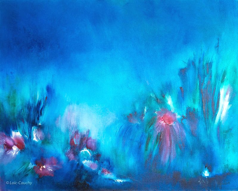 tableau abstrait bleu fleurs de nuit