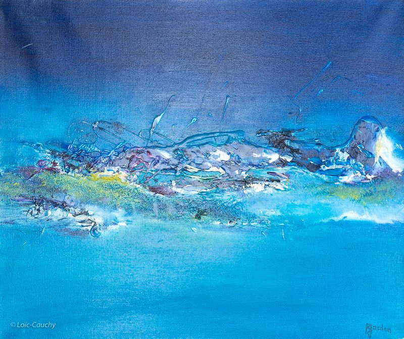 tableau abstrait bleu mer alpine