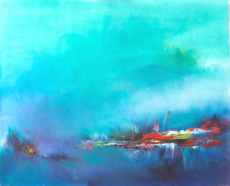 tableau abstrait bleu mirage brumeux