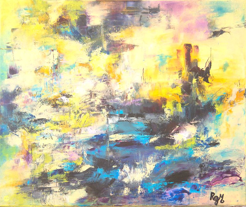 tableau abstrait bleu reflet matinal