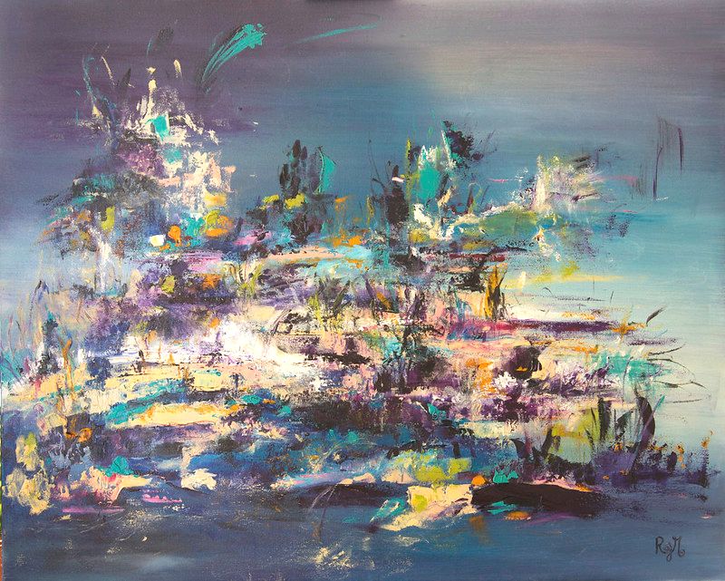 tableau abstrait bleu reflets d etoiles