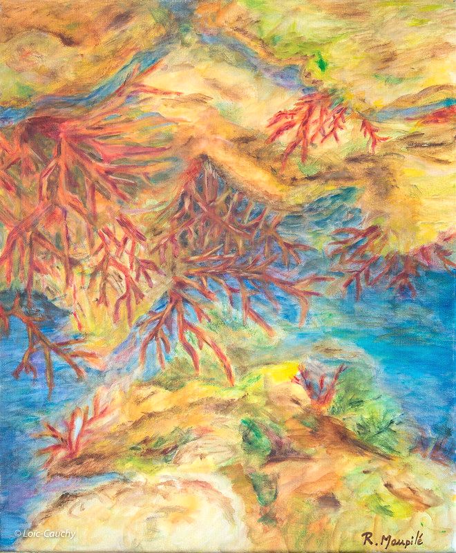 tableau abstrait jaune grande barriere de corail