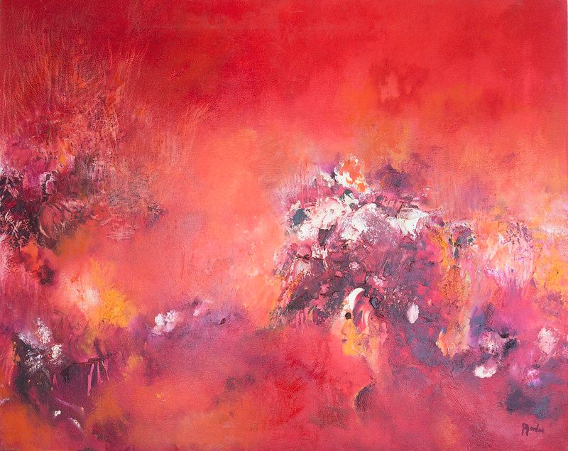 tableau abstrait rouge arbre de vie