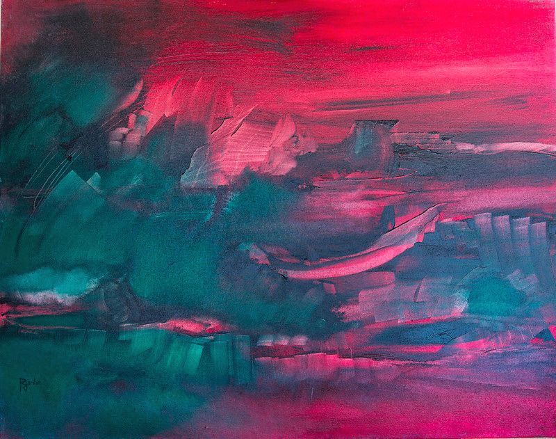 tableau abstrait rouge brouillard pourpre