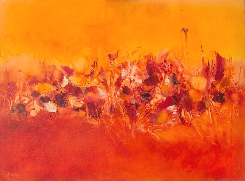 tableau abstrait rouge faune et flore