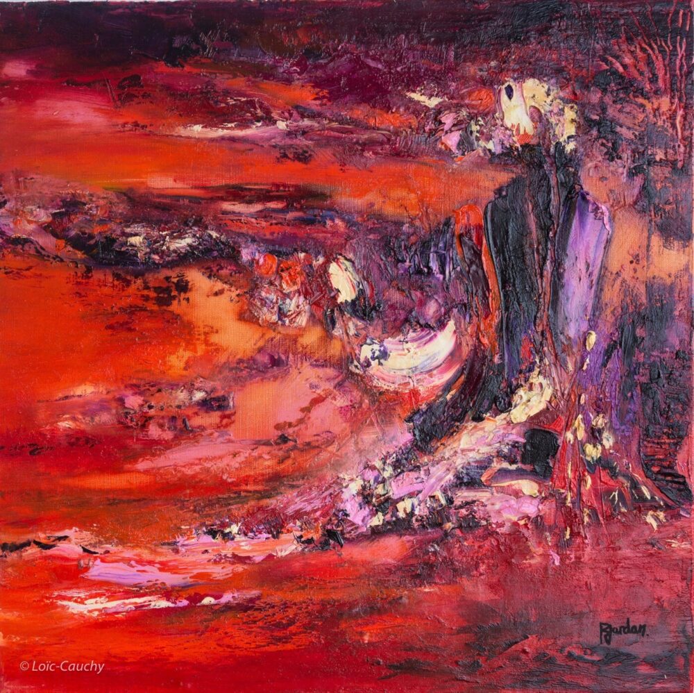 tableau abstrait rouge lave