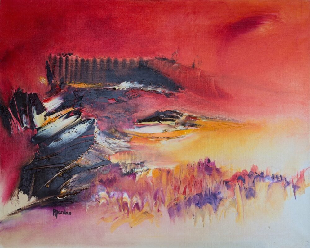 tableau abstrait rouge piton de la fournaise