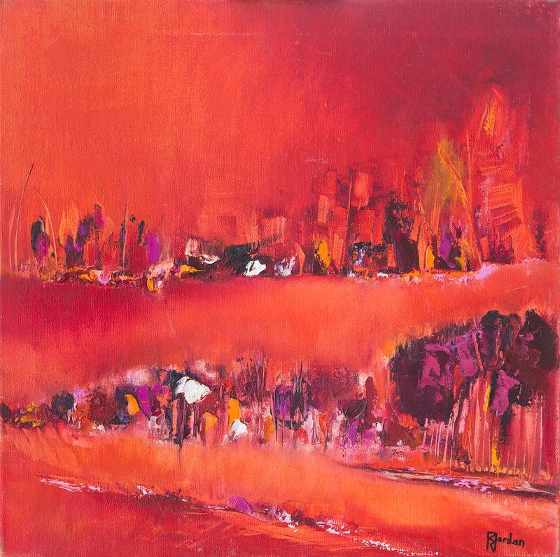 tableau abstrait rouge riviere