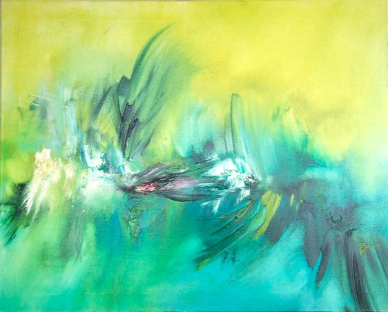 tableau abstrait vert chevaux