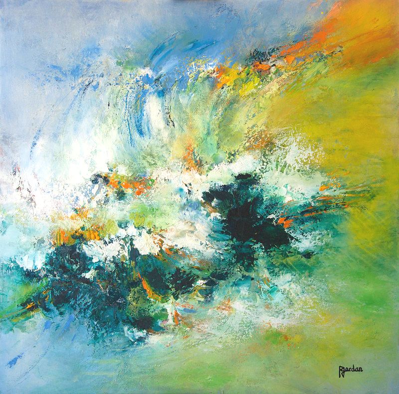 tableau abstrait vert eclaboussure vegetal