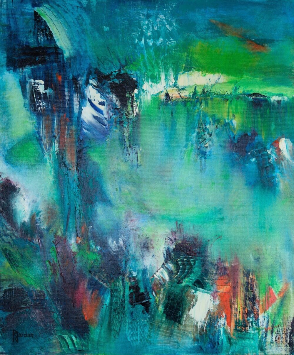 tableau abstrait vert lac de jungle